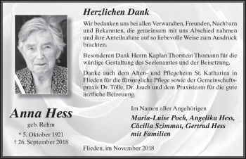 Traueranzeige von Anna Hess 