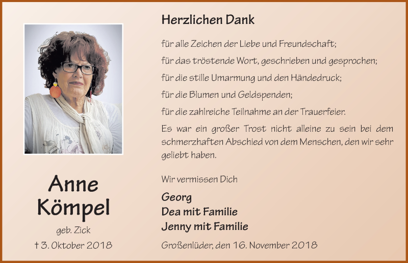  Traueranzeige für Anne Kömpel vom 16.11.2018 aus 