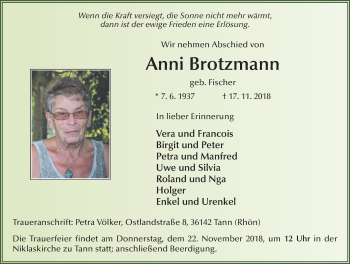 Traueranzeige von Anni Brotzmann 