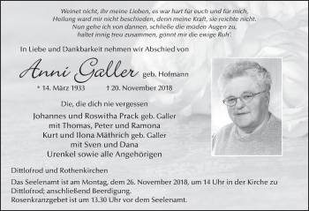 Traueranzeige von Anni Galler 