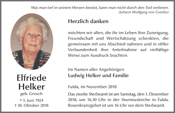 Traueranzeige von Elfriede Helker 