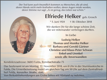 Traueranzeige von Elfriede Helker 