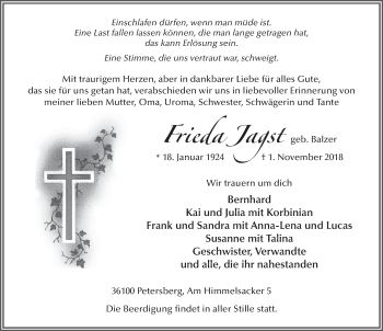 Traueranzeige von Frieda Jagst 