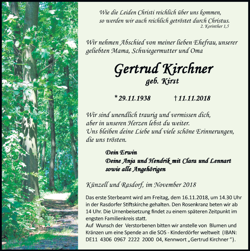  Traueranzeige für Gertrud Kirchner vom 15.11.2018 aus 