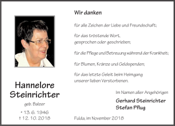 Traueranzeige von Hannelore Paula Steinrichter 