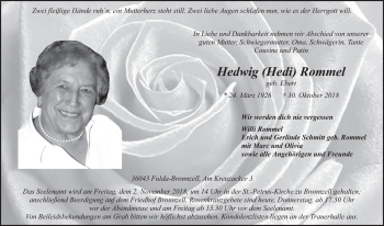 Traueranzeige von Hedwig Rommel 