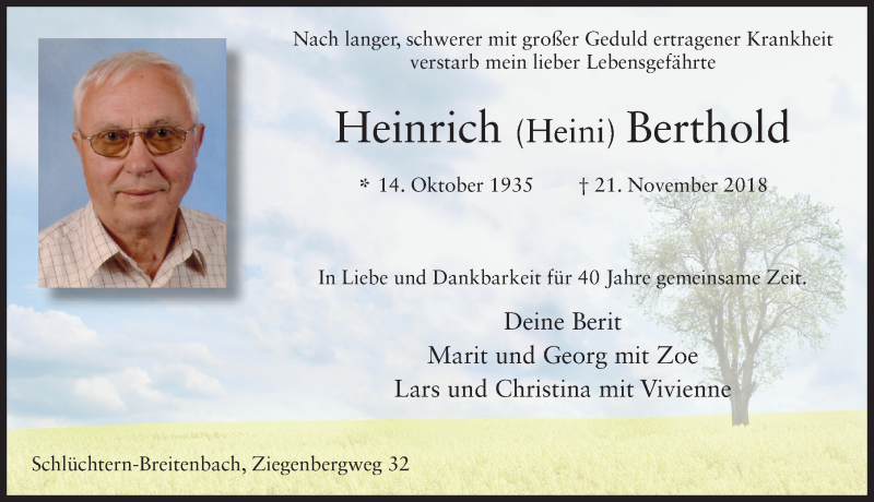  Traueranzeige für Heinrich Berthold vom 27.11.2018 aus 