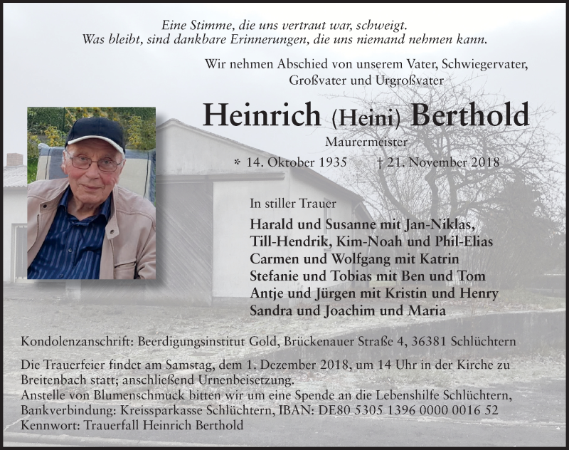  Traueranzeige für Heinrich Berthold vom 27.11.2018 aus 