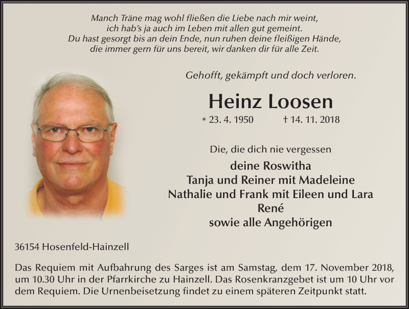  Traueranzeige für Heinz Loosen vom 16.11.2018 aus 