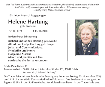 Traueranzeige von Helene Hartung 
