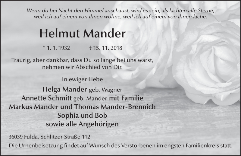  Traueranzeige für Helmut Mander vom 19.11.2018 aus 