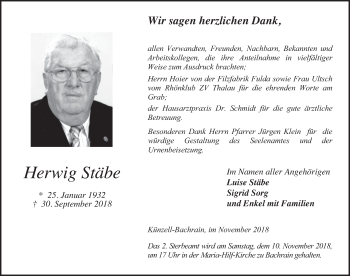 Traueranzeige von Herwig Stäbe 