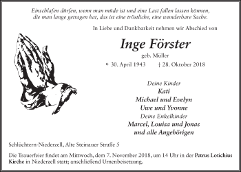 Traueranzeige von Inge Förster 