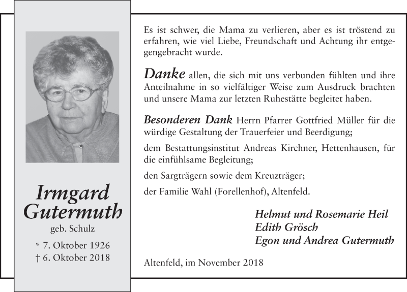  Traueranzeige für Irmgard Gutermuth vom 03.11.2018 aus 