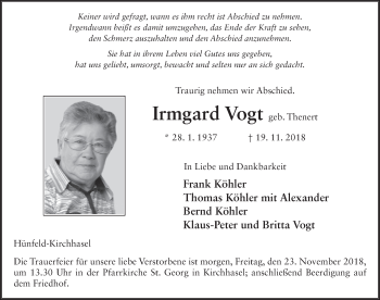Traueranzeige von Irmgard Vogt 