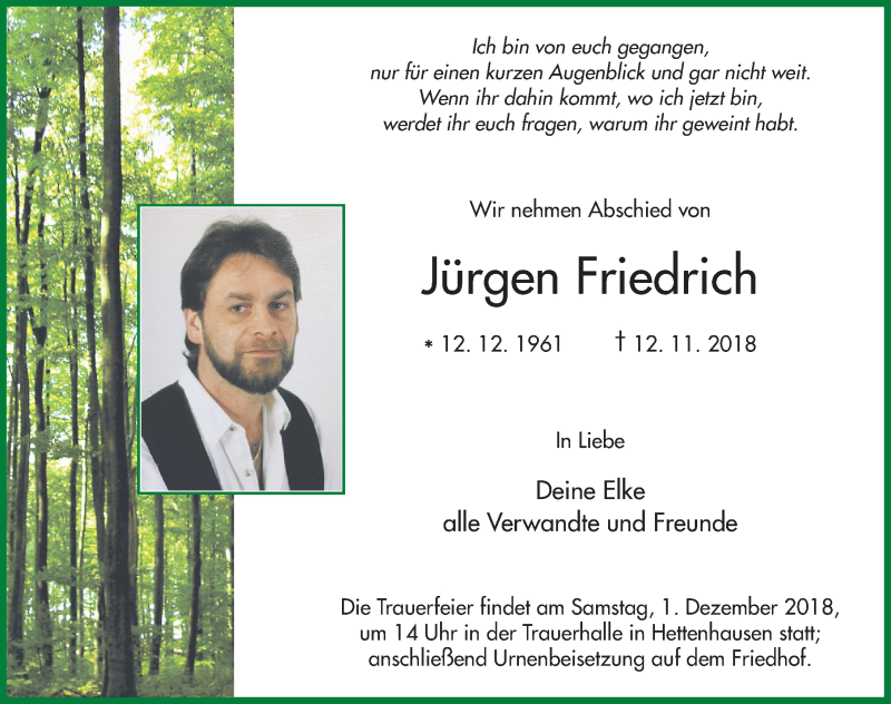  Traueranzeige für Jürgen Friedrich vom 24.11.2018 aus 