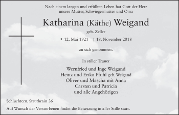 Traueranzeige von Katharina Weigand 