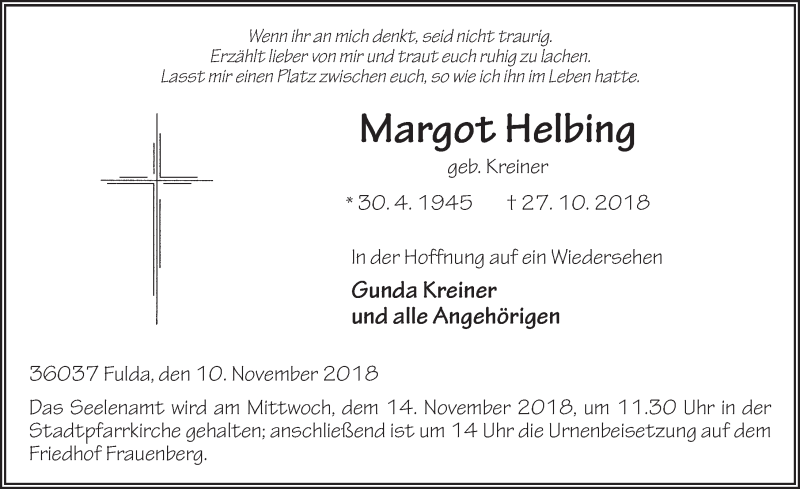  Traueranzeige für Margot Helbing vom 10.11.2018 aus 