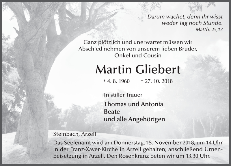  Traueranzeige für Martin Gliebert vom 09.11.2018 aus 