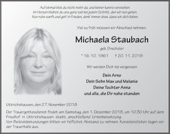 Traueranzeige von Michaela Staubach 