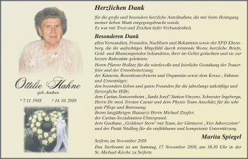 Traueranzeige von Ottilie Hahne 