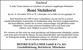 Traueranzeige von René Steinhorst 