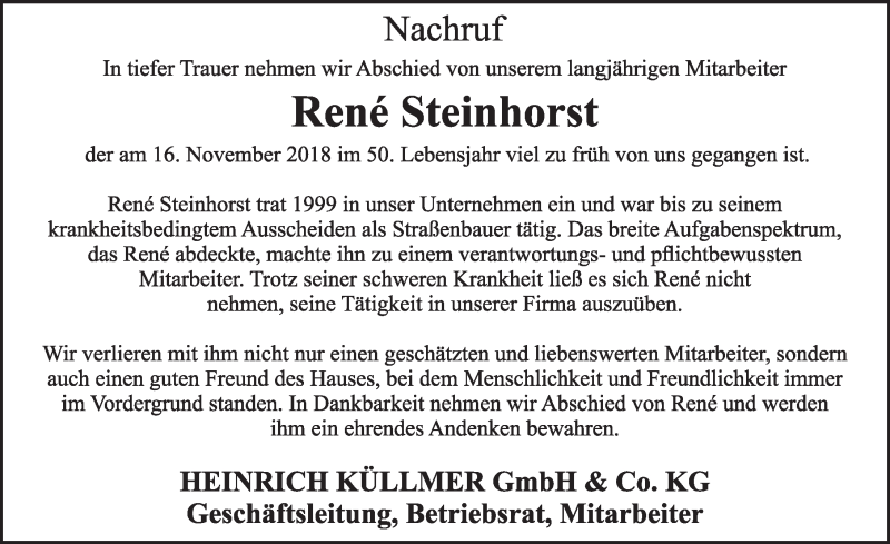  Traueranzeige für René Steinhorst vom 22.11.2018 aus 