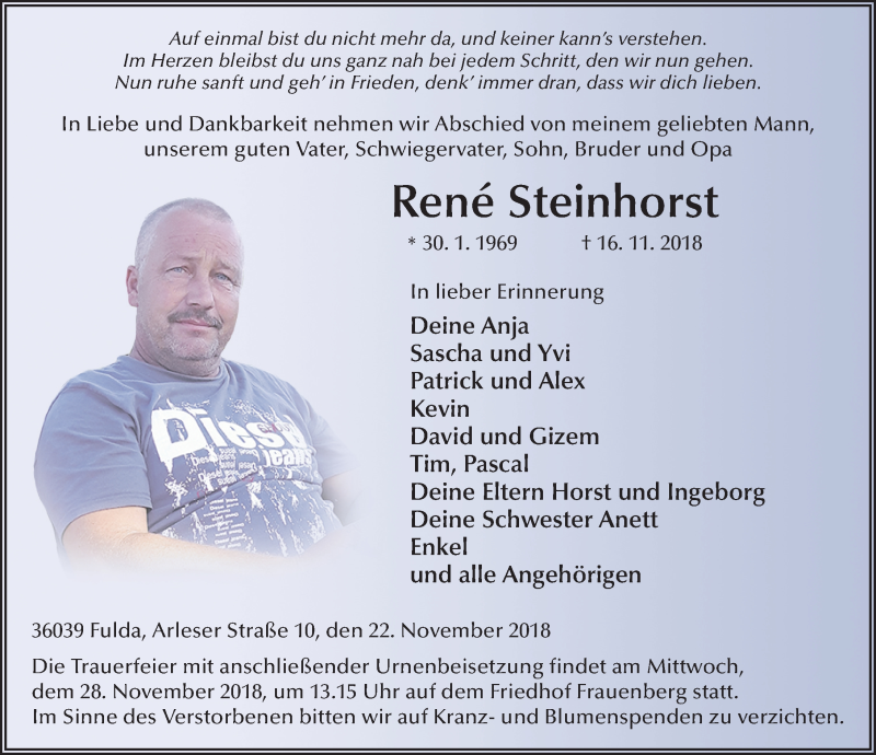  Traueranzeige für René Steinhorst vom 22.11.2018 aus 