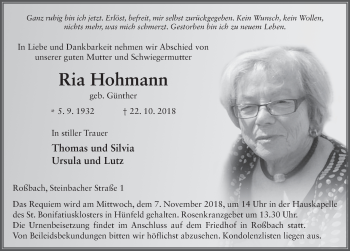 Traueranzeige von Ria Hohmann 