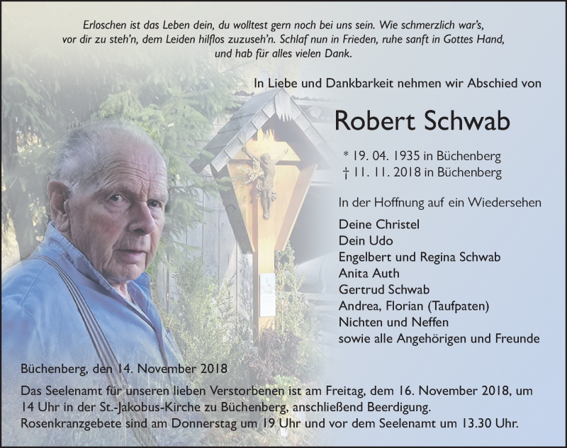  Traueranzeige für Robert Schwab vom 14.11.2018 aus 