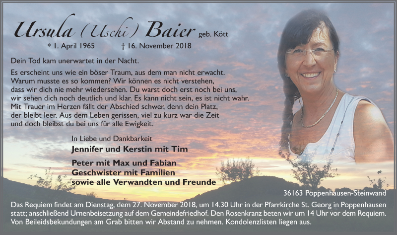  Traueranzeige für Ursula Baier vom 24.11.2018 aus 