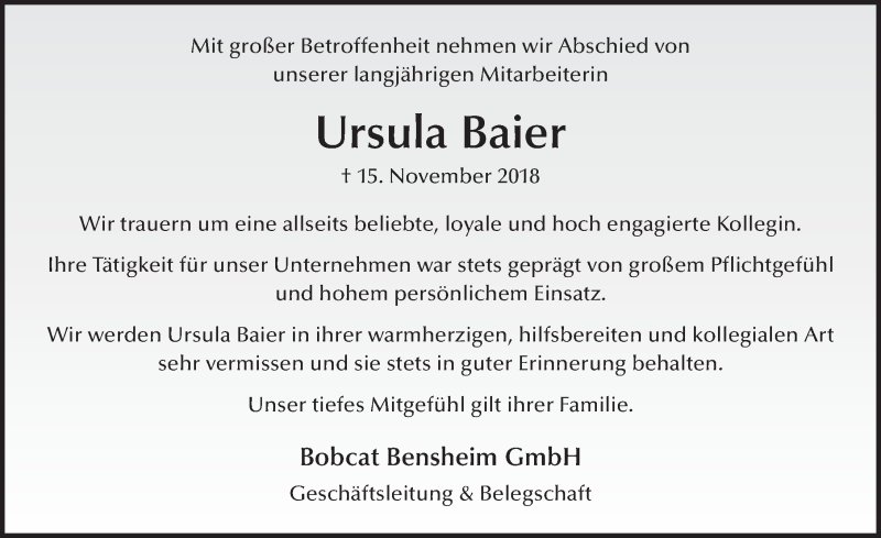  Traueranzeige für Ursula Baier vom 24.11.2018 aus 