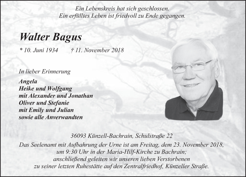  Traueranzeige für Walter Bagus vom 19.11.2018 aus 