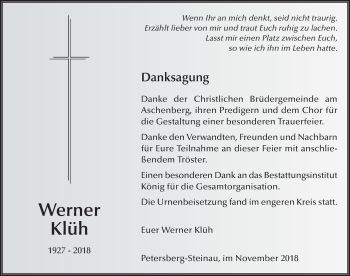 Traueranzeige von Werner Klüh 