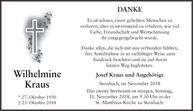  Traueranzeige für Wilhelmine Kraus vom 10.11.2018 aus 