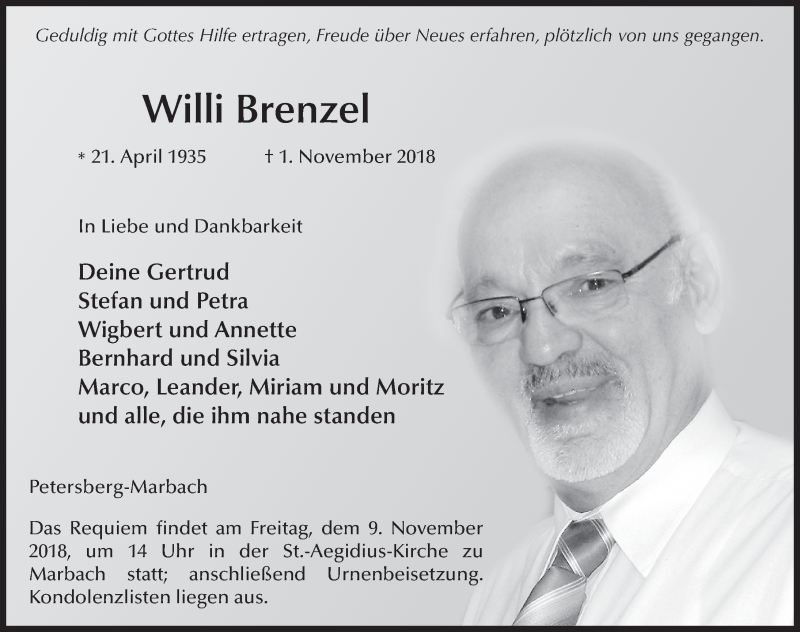  Traueranzeige für Willi Brenzel vom 06.11.2018 aus 