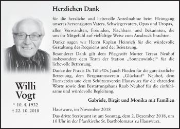 Traueranzeige von Willi Vogt 