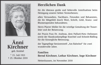 Traueranzeige von Änni Kirchner 
