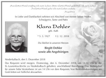 Traueranzeige von Klara Dehler 