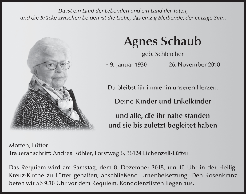  Traueranzeige für Agnes Schaub vom 04.12.2018 aus 