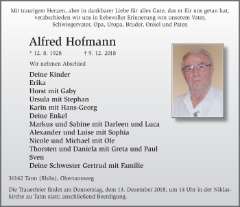 Traueranzeige von Alfred Hofmann 