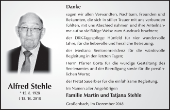 Traueranzeige von Alfred Stehle von FZ