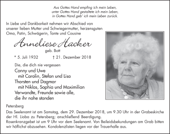 Traueranzeige von Anneliese Hacker von FZ
