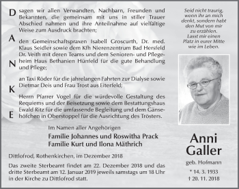 Traueranzeige von Anni Galler 