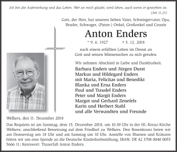 Traueranzeige von Anton Enders 