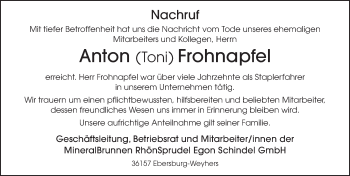 Traueranzeige von Anton Frohnapfel von Fuldaer Zeitung