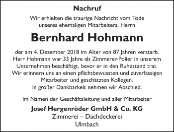 Traueranzeige von Bernhard Hohmann 