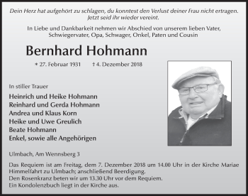 Traueranzeige von Bernhard Hohmann 