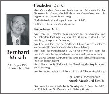 Traueranzeige von Bernhard Musch 