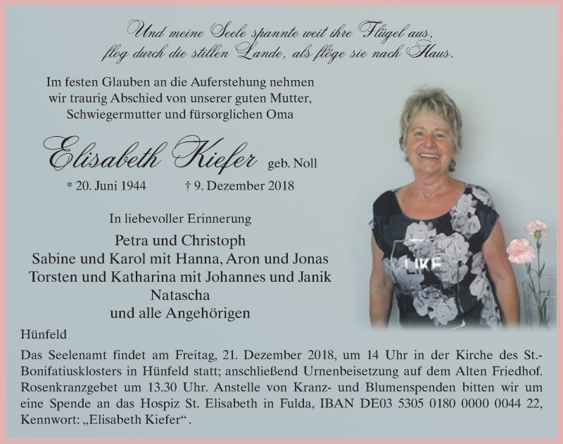  Traueranzeige für Elisabeth Kiefer vom 18.12.2018 aus 